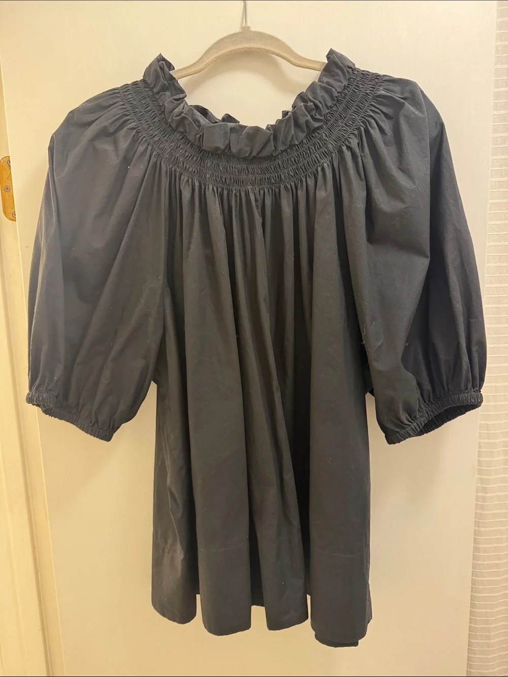 J. Crew Black Smocked Ruffle Neck Puff-Sleeve Blouse